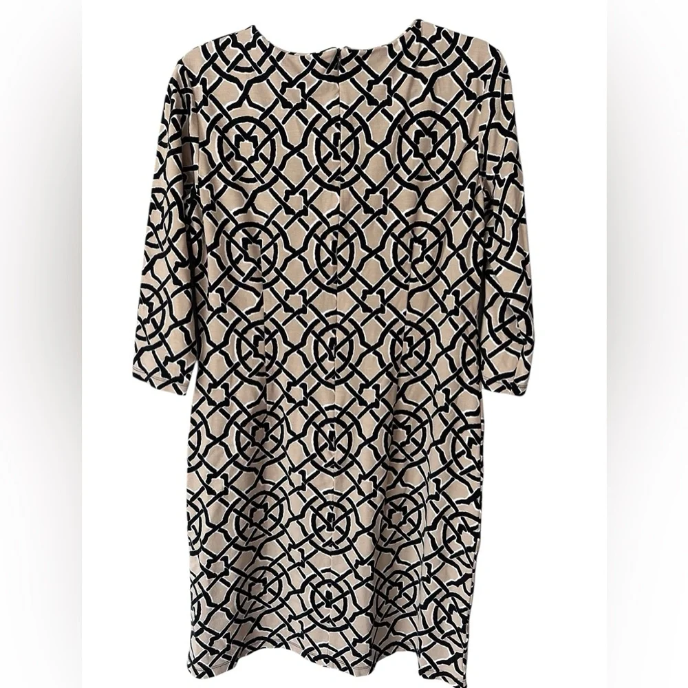 J McLaughlin Devon Ponte Knit Black & Tan Scribe Print Dress Size M